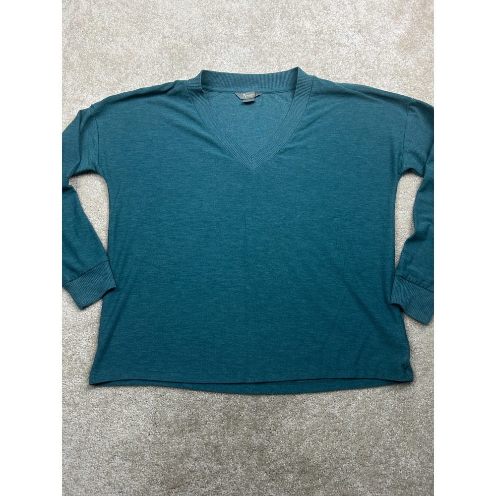 Natural Reflections Solid V-Neck Top L Teal Relaxed Gorpcore Minimalist Cabin
